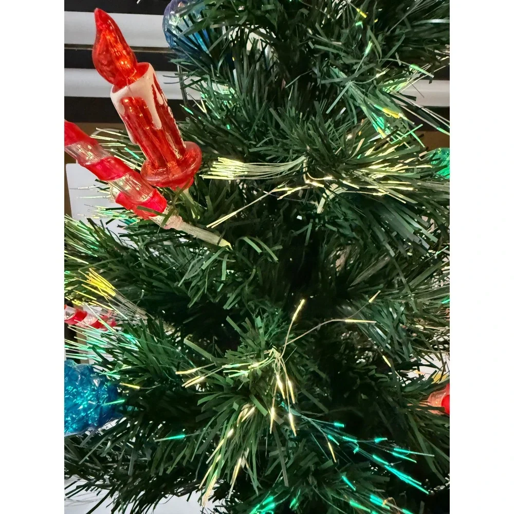 Vintage Fiber Optic Tabletop Christmas Tree Gold Base Ornaments Star 18 Inch